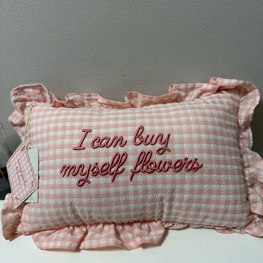 Charming Pink Ruffled Accent gingham pillow “I can buy myself flowers”